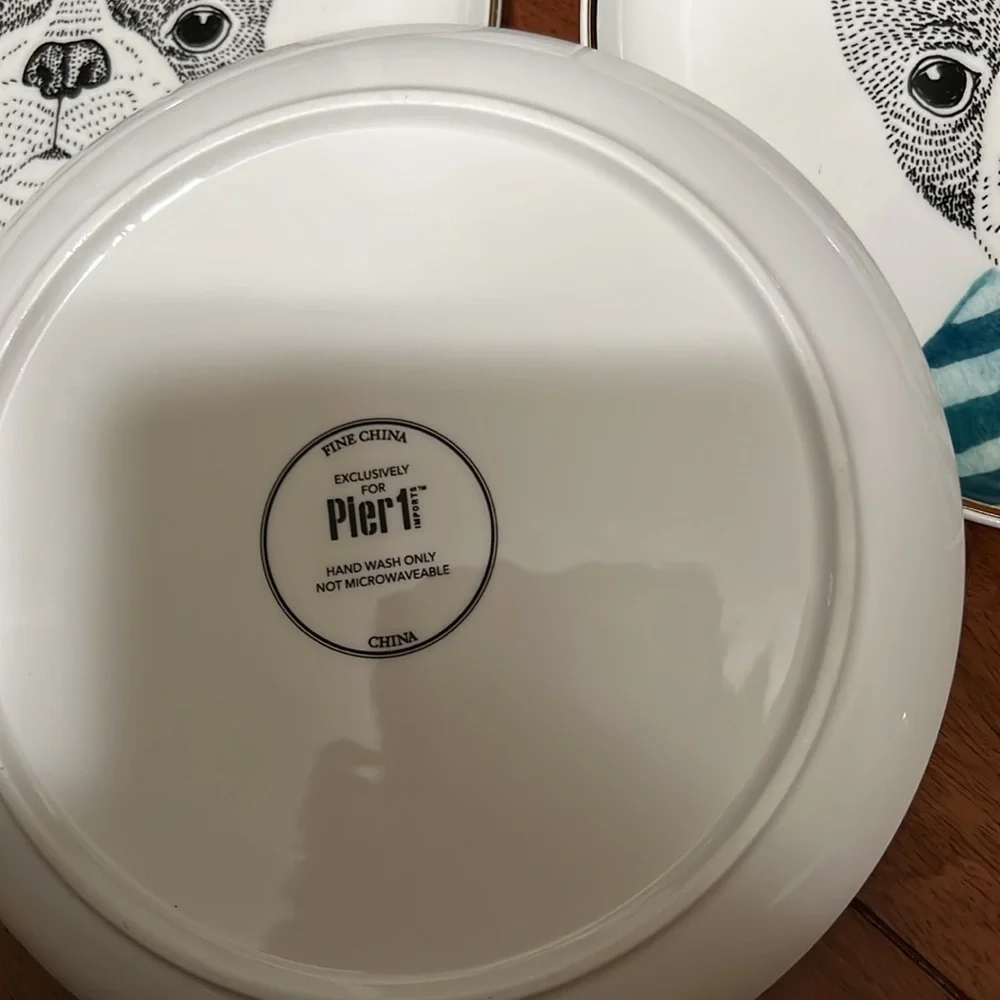 PIER 1 Book Club FRENCH BULLDOG Fine China Salad Plates Gold Trim Set/2